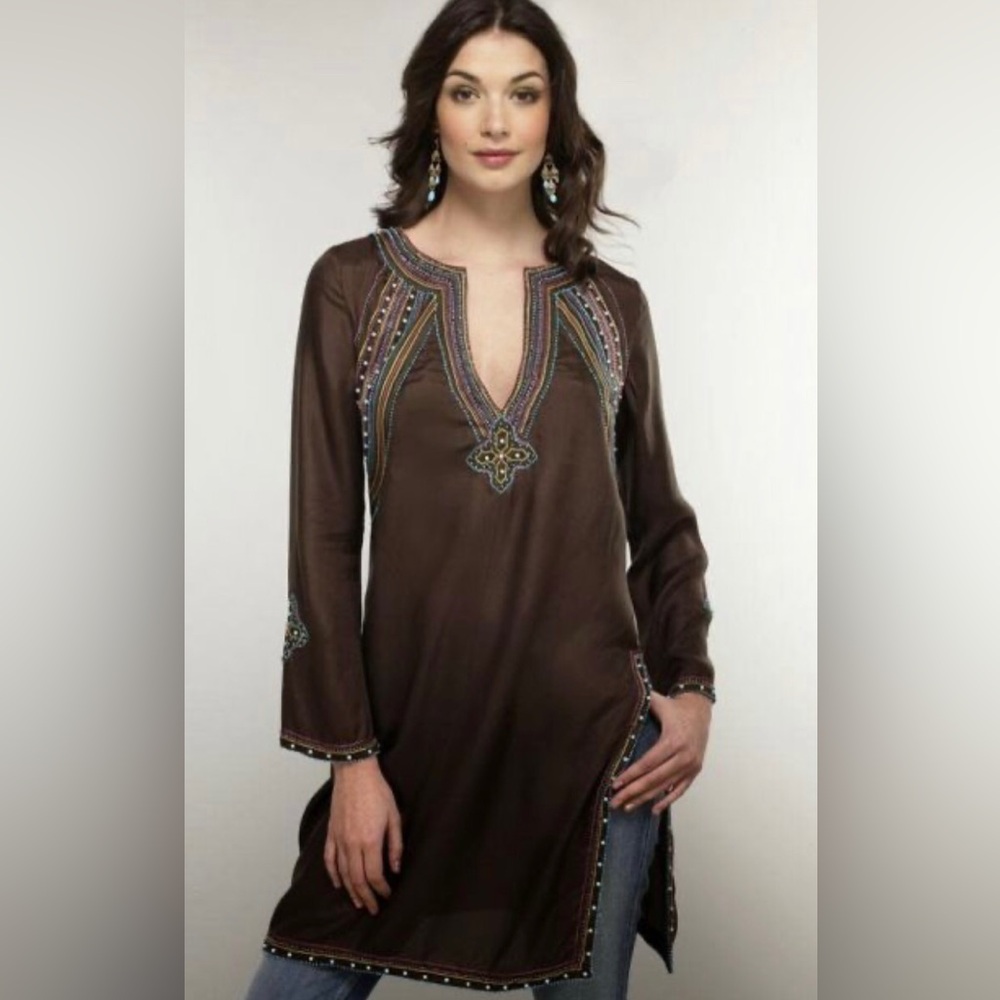 Y2K BCBGMaxAzria Beaded Silk Tunic Boho Western Southwestern
